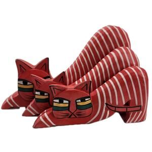 3 Folk Art Abstract Red Wooden Painted Cats Fun Haus Kittys Set